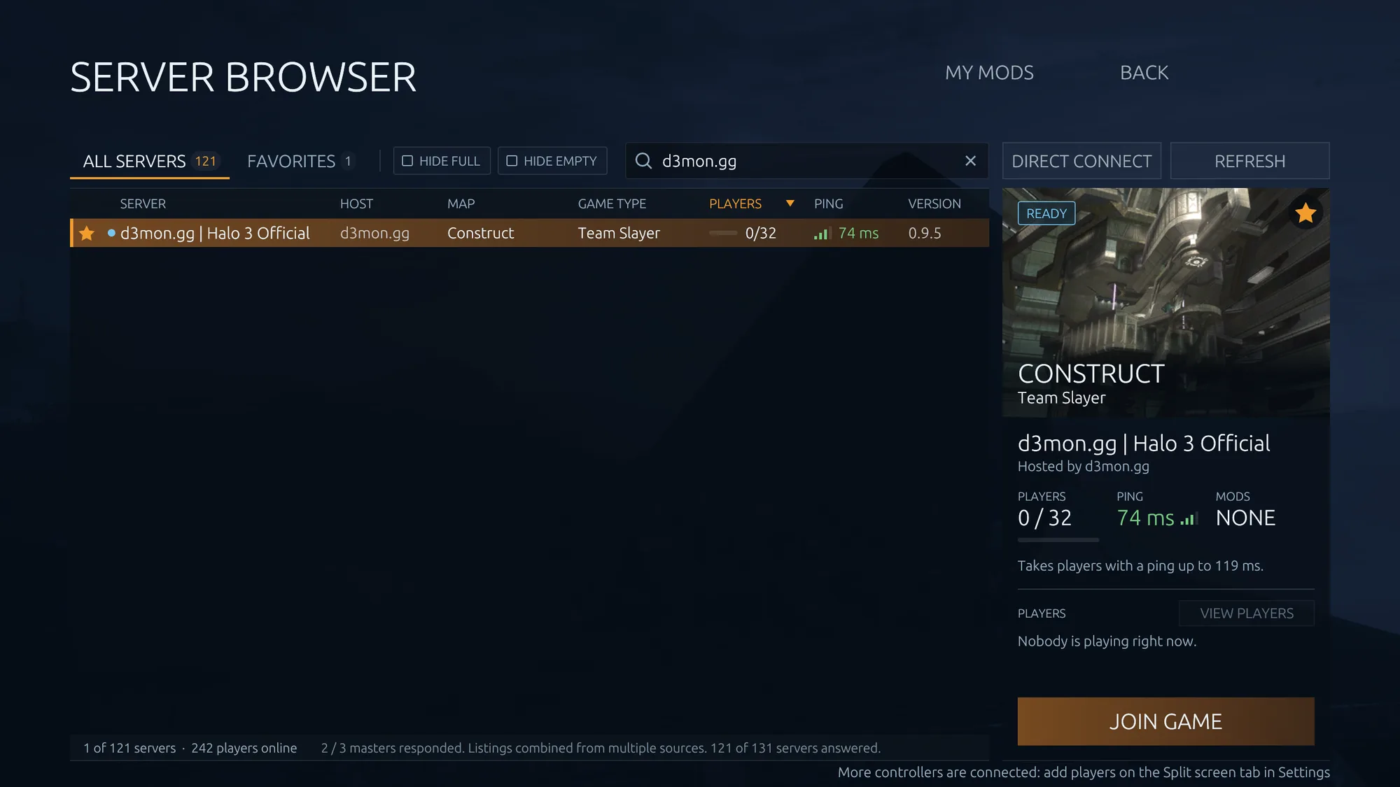 Project Reclaimer's Server Browser searched for d3mon.gg, showing our server with Team Slayer on Construct, ready to join