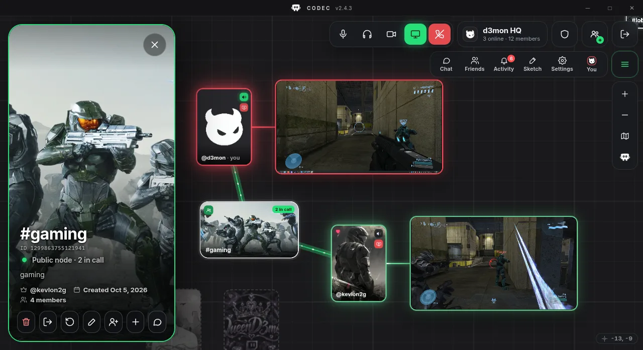 Codec's grid with d3mon and kevlon2g in the #gaming call, both screen-sharing Halo 3