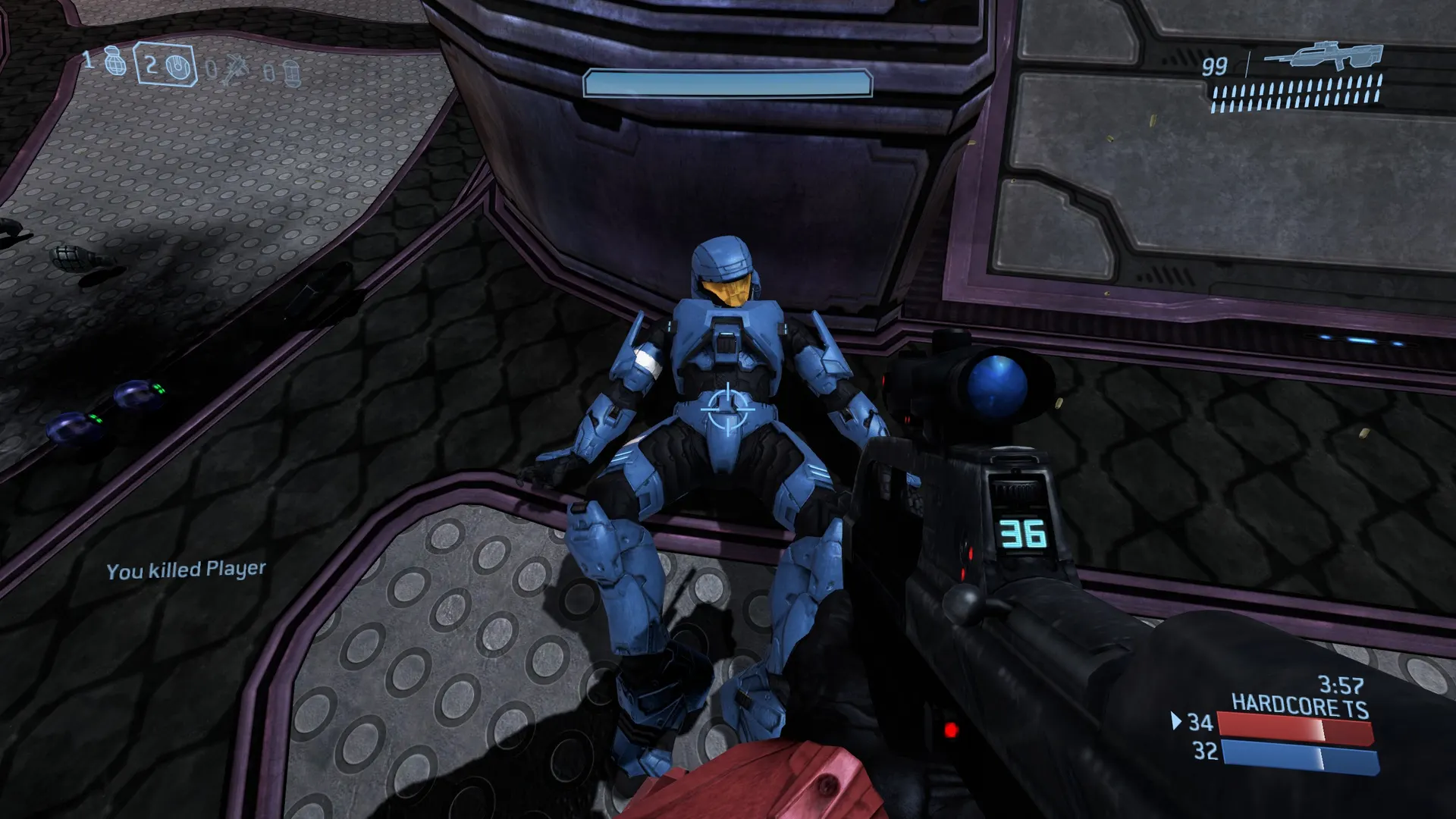 A blue Spartan down after a Battle Rifle kill in a Hardcore Team Slayer match