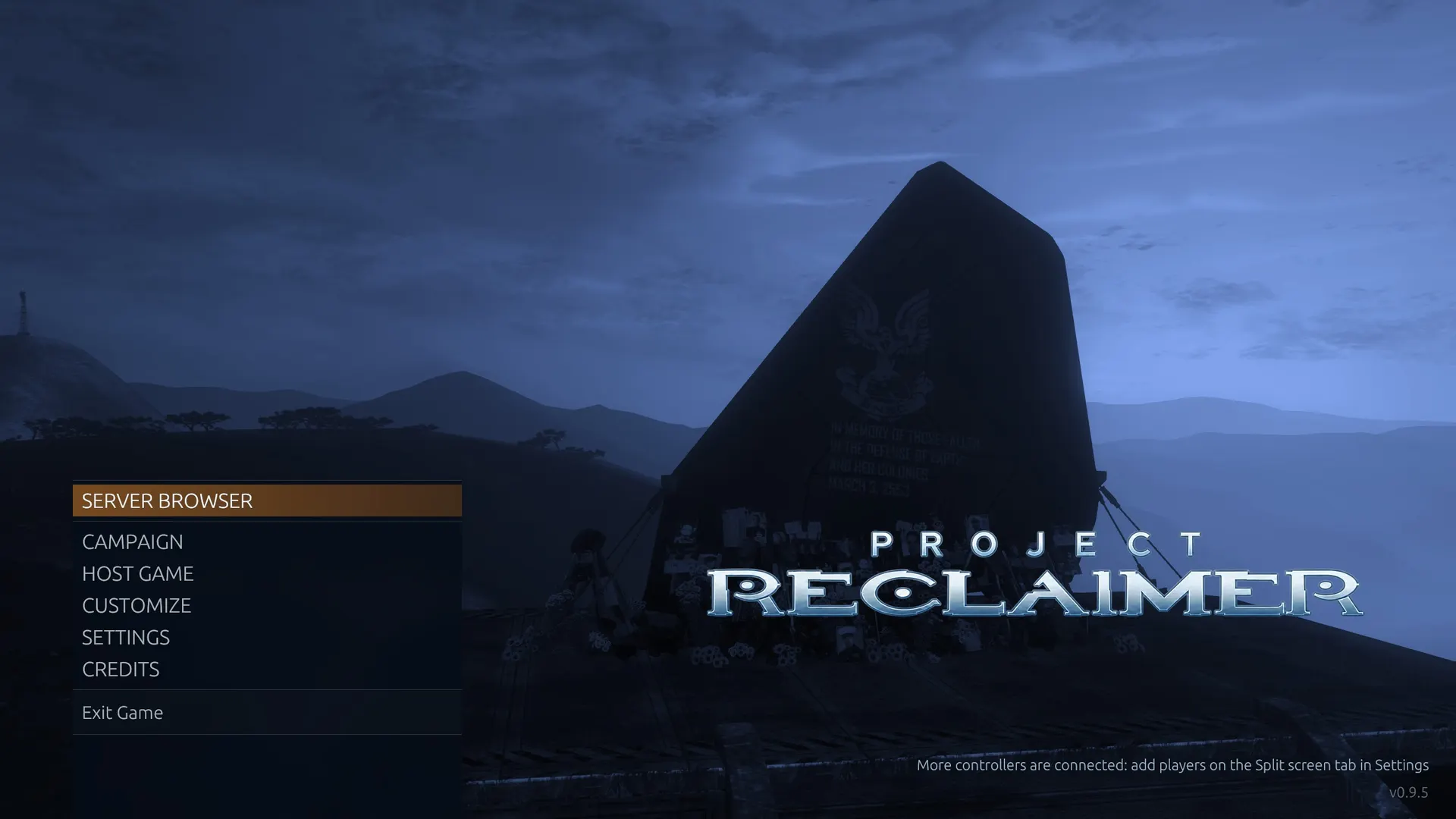 Project Reclaimer's main menu at dusk, with the memorial monument behind it