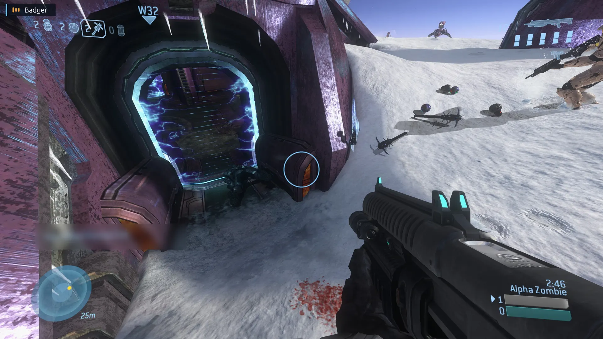 A snowy Covenant structure with a crackling energy doorway